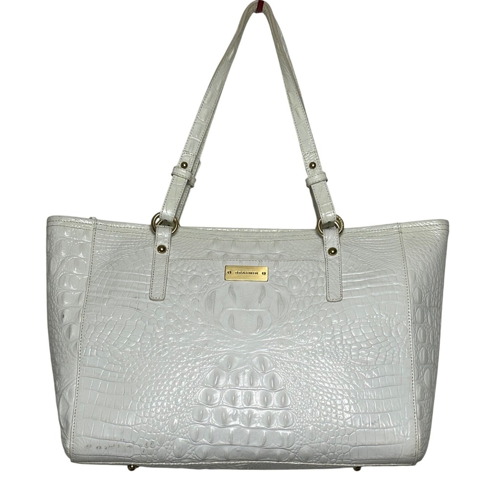 Brahmin White Crocodile Embossed Leather Tote Bag Gold Hardware Shoulder Bag